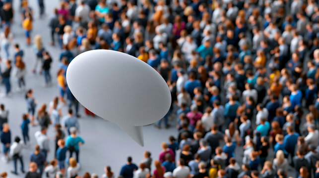 Large crowd of people arranged from above to form the shape of a speech bubble or talk balloon, communication and voice concept, community dialogue, social media metaphor, aerial
