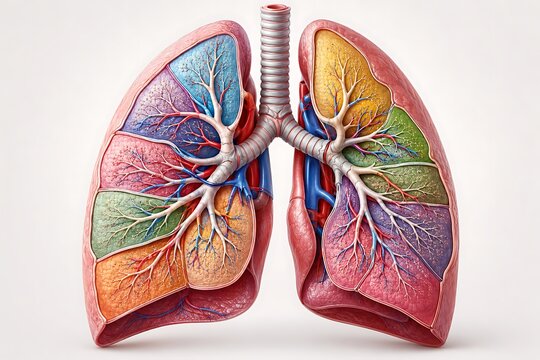 Human lungs anatomy 3d illustration with colorful bronchopulmonary segments and respiratory system trachea cross section, medical educational generative AI