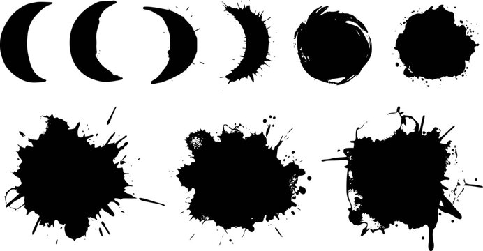 Collection of black ink splatter shapes and crescent moon silhouettes white background