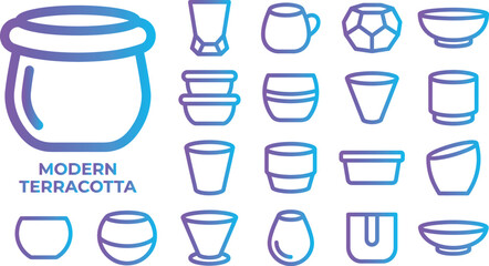 Obraz premium Set of modern terracotta pots and planters for plants, outline icons with gradient.