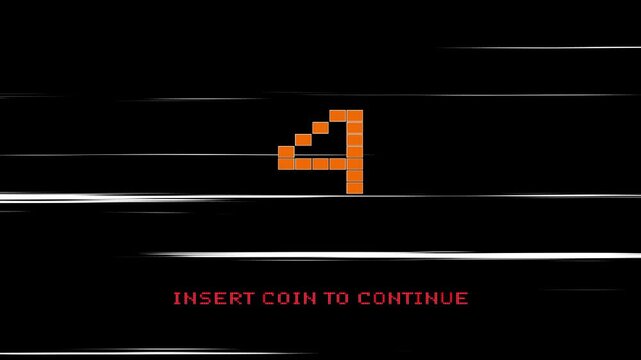Insert coins to continue playing. countdown to continue 9 to 0 after the game over screen, retro 8 bit style. pixel art.