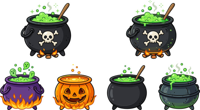 Witch cauldron vector illustration set featuring spooky Halloween pots boiling magical green potion, glowing pumpkin lanterns, and floating ghosts on white background