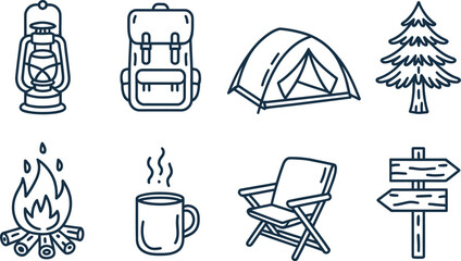 Camping icons set with lantern backpack tent tree campfire mug chair and signpost © Pro Smart Guide