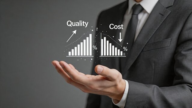 Hand holding holographic chart showing quality increasing while cost decreasing, business efficiency optimization concept, financial growth strategy for corporate management and