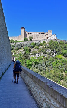 Spoleto, il Ponte delle Torri e la rocca Albornoziana dal Cammino di San Francesco tra Spoleto e Monteluco, Perugia, Umbria, Italia