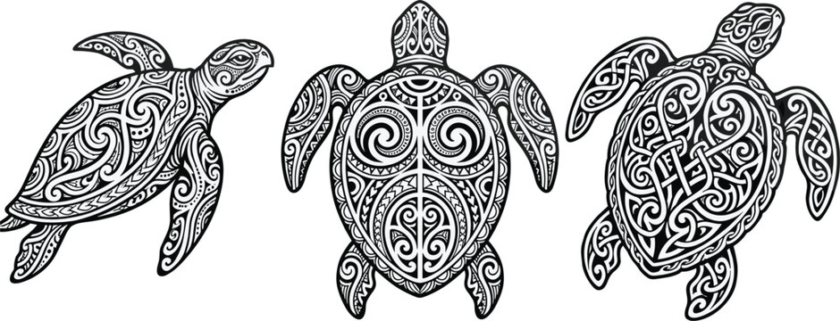 Tribal sea turtle vector collection featuring intricate polynesian maori and celtic knot line art tattoo designs isolated on a clean white background.