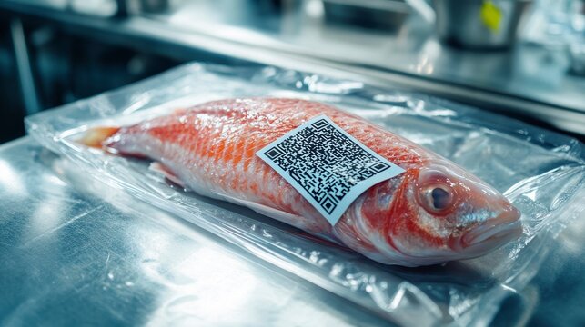 Fresh red fish in plastic packaging with QR code label on stainless steel surface.