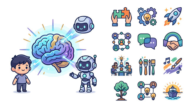 Cute chibi style vector illustration of a boy and robot standing by a glowing digital brain, featuring flat icons for innovation, teamwork, creativity, and technology concepts.