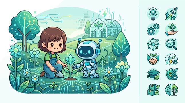 Vector illustration of a cute chibi girl and robot planting a digital seedling in a futuristic eco-friendly garden with circuit patterns, smart greenhouse, and green tech icons.