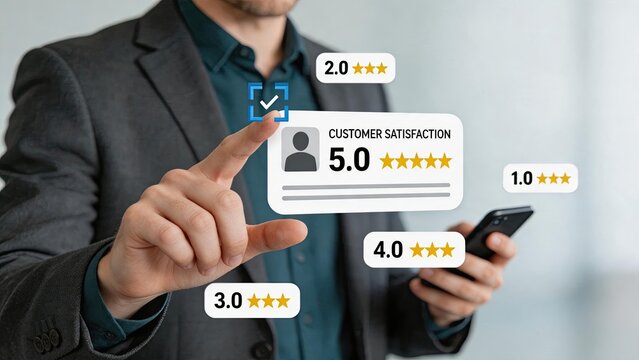 Businessman selecting five star customer satisfaction score on virtual interface while holding phone, surrounded by floating one to four star ratings for service evaluation.