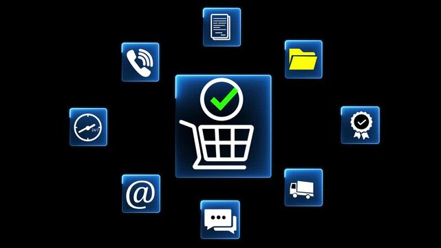 E-commerce order management system. Fulfillment operations software for online store. Businessman using laptop computer to process orders.
