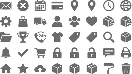 Fototapeta premium E-commerce web UI icon set featuring gray silhouette user interface symbols for shopping cart delivery location settings calendar and profile button vector elements.