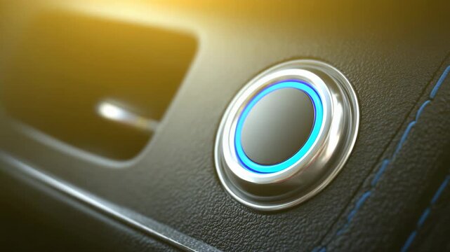 Close up of modern car start button with blue light