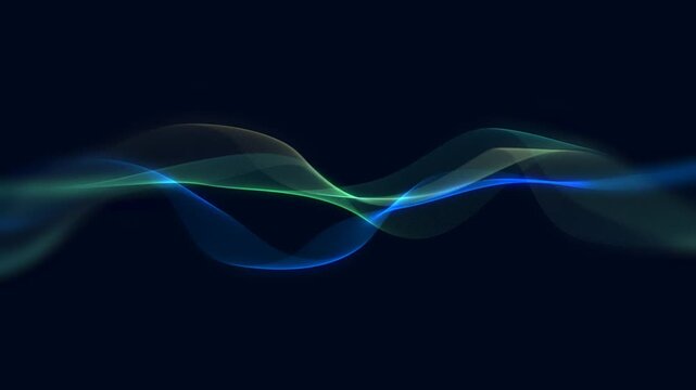 Futuristic Waving abstract background with glowing blue and green gradient wave lines flowing smoothly across a dark backdrop. Elegant transparent mesh curves and luminous light effects. 