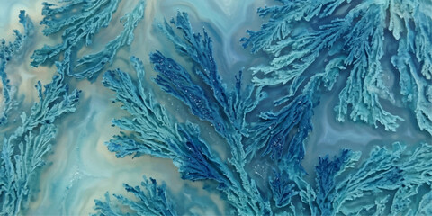 Close-up of a striking agate stone showcases intricate blue, dendritic patterns, highlighting natural formations and artistic beauty for print, wall art, branding,  web, background, branding, design © Fazal