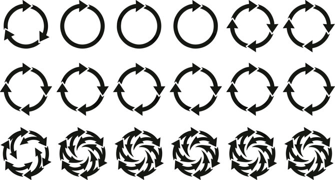 Circular arrow icon vector collection showing recycle symbol rotation loop sync reset or reload gesture with multiple black reload silhouette styles on white background.