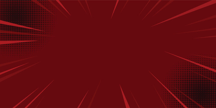 Intense red manga speed lines and halftone dots background. Radial zoom effect for comic book action and dramatic focus.