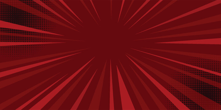 Intense red manga speed lines and halftone dots background. Radial zoom effect for comic book action and dramatic focus
