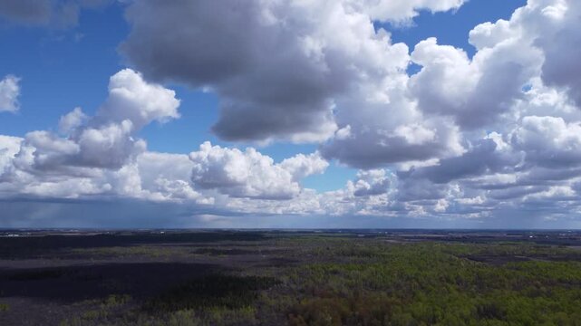 Aerial wide shot of dramatic cumulus clouds over a vast spring forest, cinematic drone view of fluffy white clouds and blue sky above a dark woodland landscape, horizon perspective of changing weather