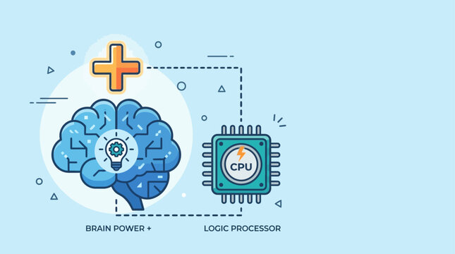 Illustration showing human brain and computer processor working together.
