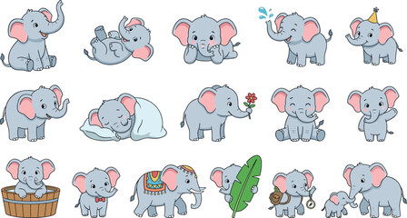 Kawaii Elephant Set Featuring Adorable Elephants in Various Poses and Outfits © Abdur