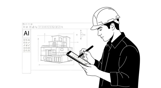 Architect Wearing Hard Hat Sketching Building Plan on Tablet.