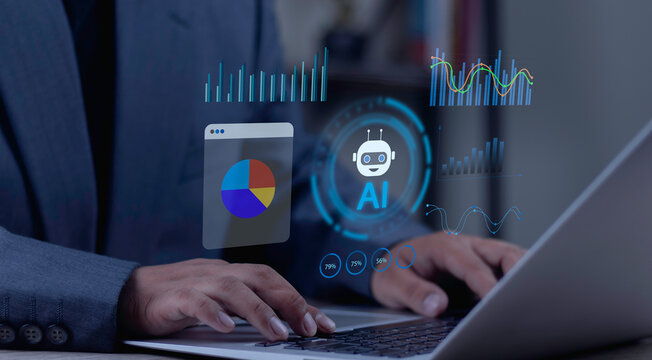 Businessman using laptop to instruct artificial intelligence agent for business management. AI analytics creating financial graphs and data spreadsheet charts.