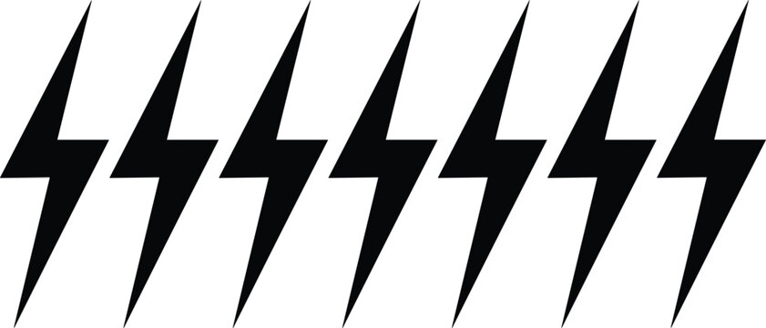 Minimalist Lightning Bolt Icon Set with Sharp Solid Black Flash Shapes for Electric Vehicle Charging, Renewable Energy, and Creative Power Concepts