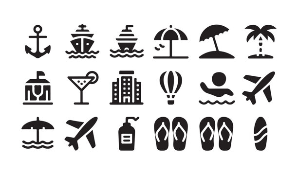Cruise and beach holiday icon collection with maritime travel symbols and outdoor elements.
