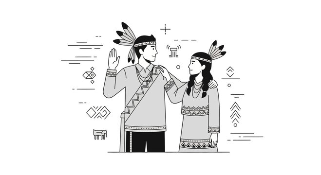 Illustration of indigenous couple in traditional clothing.