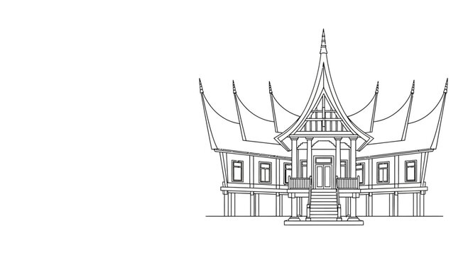 Detailed line drawing of a traditional Minangkabau Rumah Gadang house.