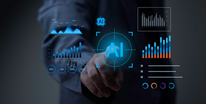 Businessman touching interface to instruct AI agent for business management. Artificial intelligence analytics creating financial graphs and data spreadsheet charts.