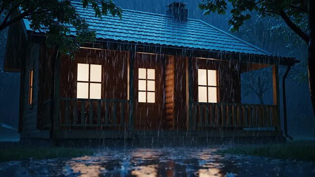 Rainy Night on a Cozy Wooden Cabin with Warm Glowing Windows.