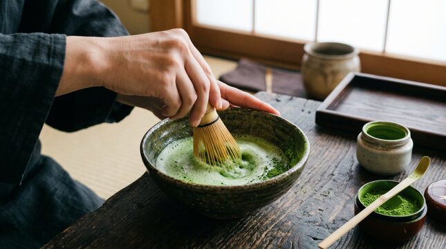 Matcha green tea latte being prepared with bamboo whisk in ceramic bowl, Japanese tea ceremony aesthetic, wellness+C16:C17 beverage concept, mindful ritual