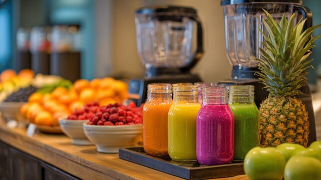 A colorful juice bar setup featuring fresh fruits like oranges, berries, and pineapples alongside modern blenders and glass bottles, styled in a clean and energetic health-focused environment