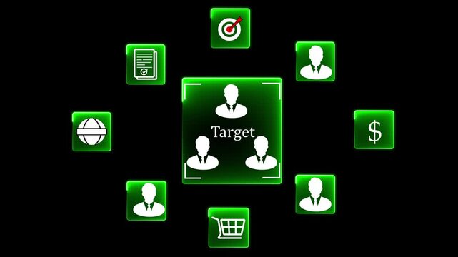 Target market or audience. Marketing segmentation strategy and plan. Marketer touching client icon.