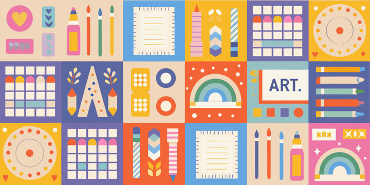 art supplies pattern colorful grid of creative tools and shapes