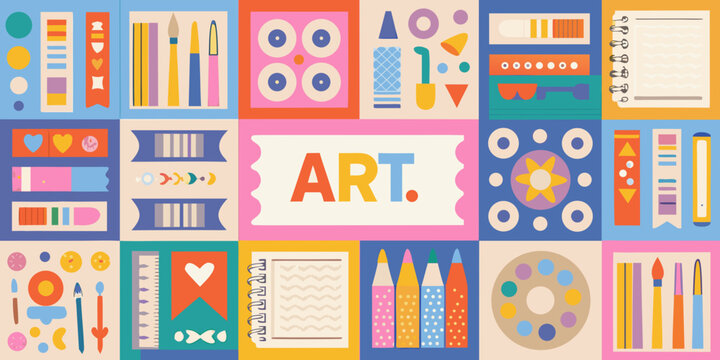 art supplies pattern colorful grid with painting tools and stationery