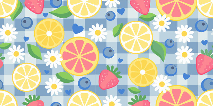 fruit pattern with lemons strawberries and blueberries on blue gingham