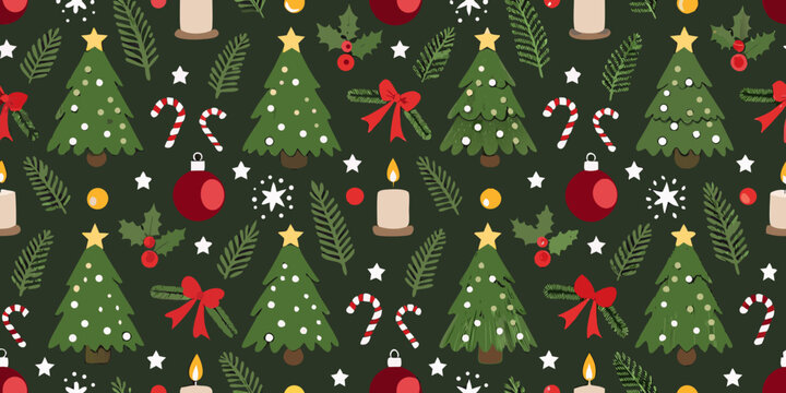 christmas seamless pattern with trees ornaments and candles