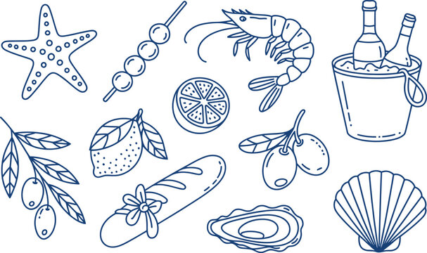 Seafood and summer elements line art illustration with a starfish shrimp and lemon on a white background