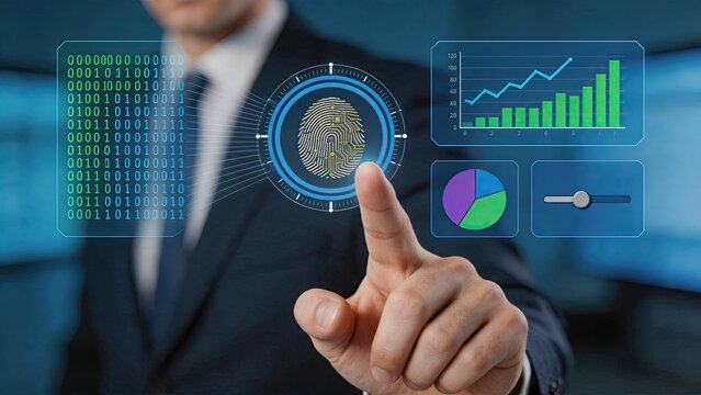 Futuristic biometric fingerprint scan security system interface with digital binary code matrix and data analytics charts graphs, identity verification authentication technology
