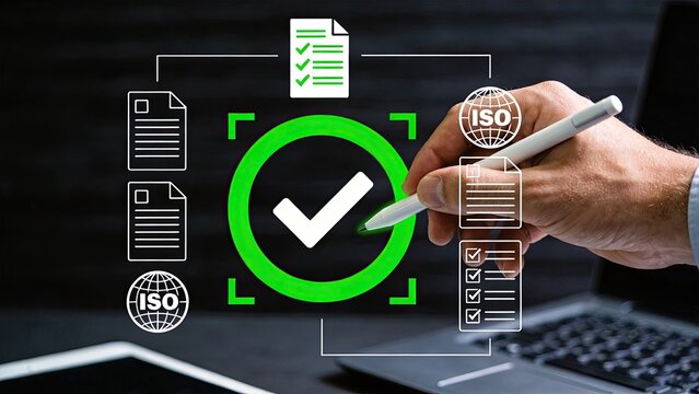 Hand drawing green checkmark for ISO certification compliance, quality assurance audit concept, business standardization and approval process, verifying documents and regulations