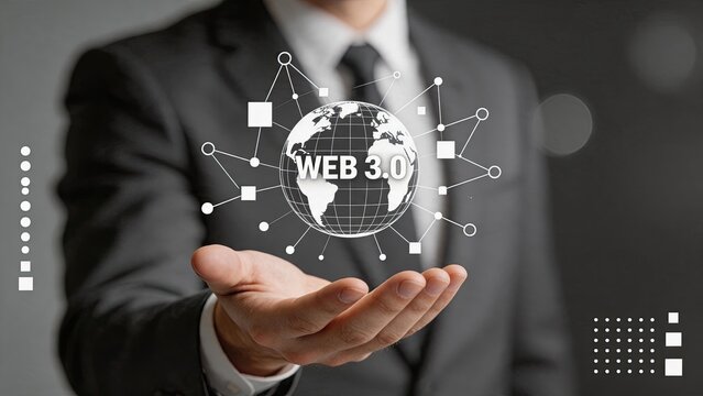 Businessman holding Web 3.0 decentralized network globe, blockchain technology and metaverse concept, future internet connectivity, digital assets and cryptocurrency ecosystem,