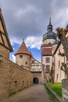 Scenic view of inner street and Kilians Tower at Marienberg Fortress in Wurzburg Germany. Medieval stone fortress architecture