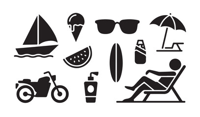 Fototapeta premium Beach lifestyle vector elements featuring surfboard sunglasses ice cream and summer travel.