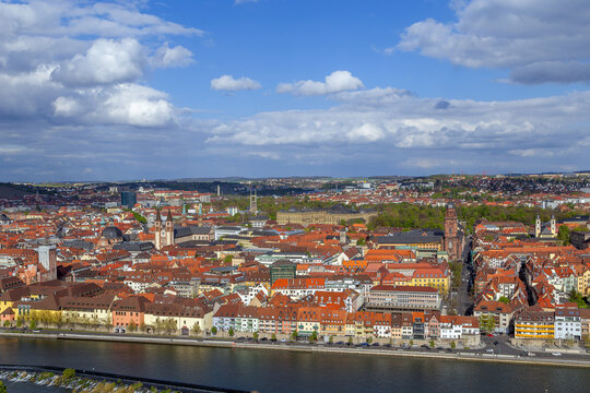 Panoramic view of historical center of Wurzburg from Marienberg Fortress Germany. Scenic old town cityscape under partly cloudy sky