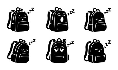 Set of six sleeping backpack icons, vector illustration, black and white, conveying fatigue and rest, perfect for educational or travel themes © Lamiya