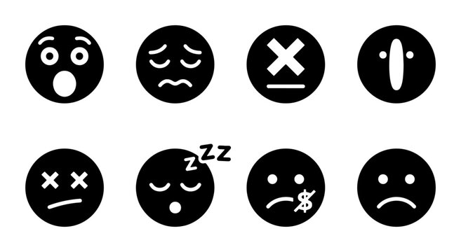 Set of 8 Black Emoji Icons: Shocked, Sad, Confused, Speechless, Dead, Sleeping, Worried, Unhappy Faces. Vector Graphics for Communication and Expression.