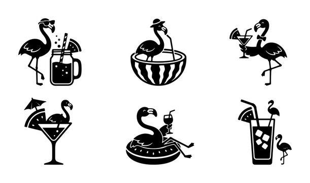 Chic Flamingo Summer Drinks Vector Icons, Tropical Beach Party Beverage Graphics, Retro Poolside Cocktails Collection